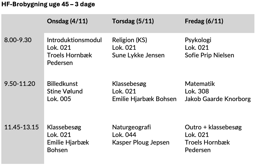 Brobygningsskema for uge 45 på HF